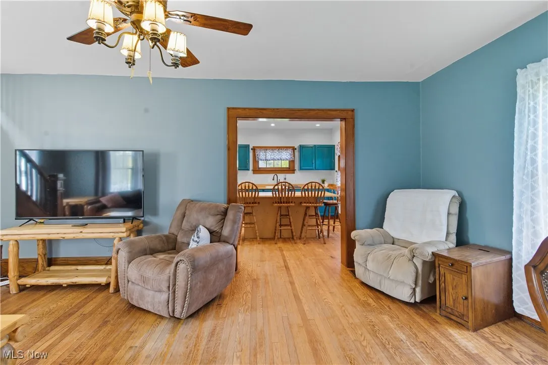 Living area featuring wood finished floors and a ceiling fan