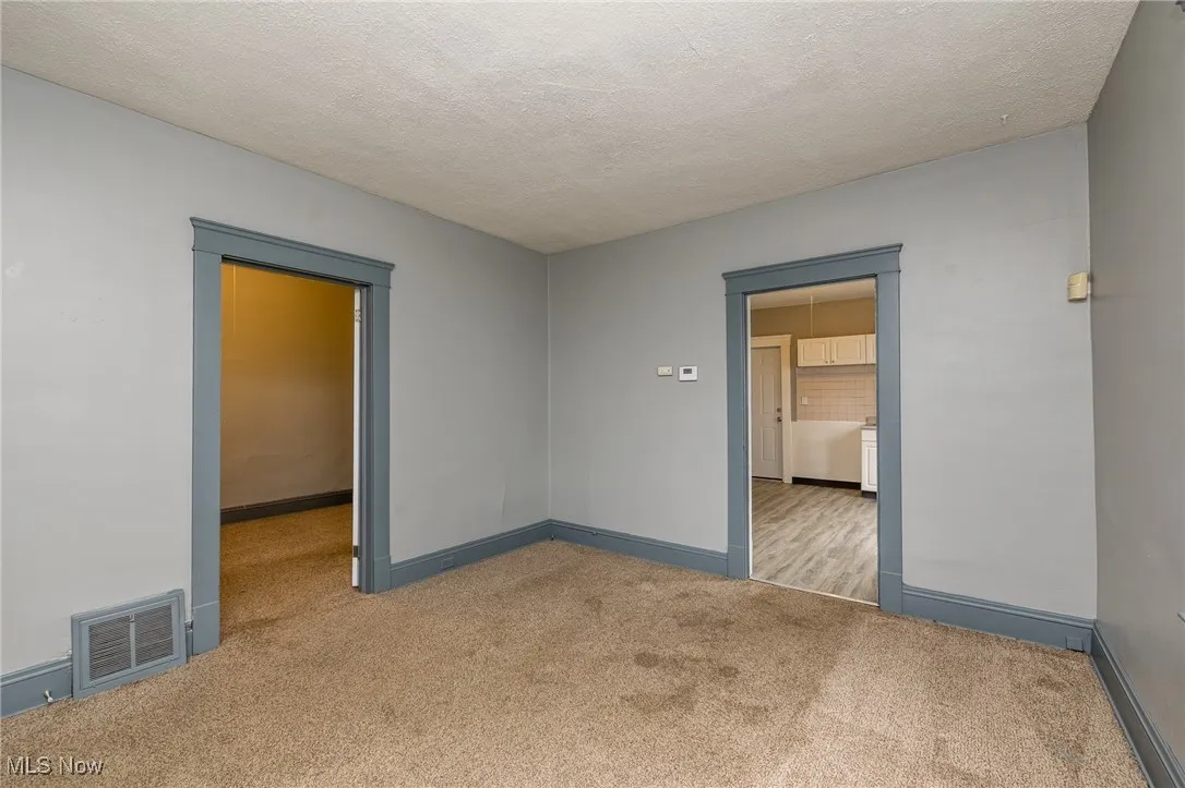 Unfurnished room featuring light colored carpet and a textured ceiling