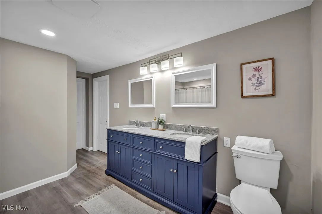 Bathroom featuring double vanity, wood finished floors, recessed lighting, and a shower with curtain