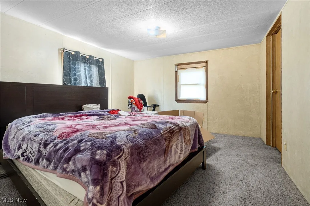 Carpeted bedroom with a textured ceiling
