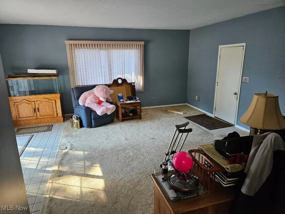 Carpeted living room with baseboards