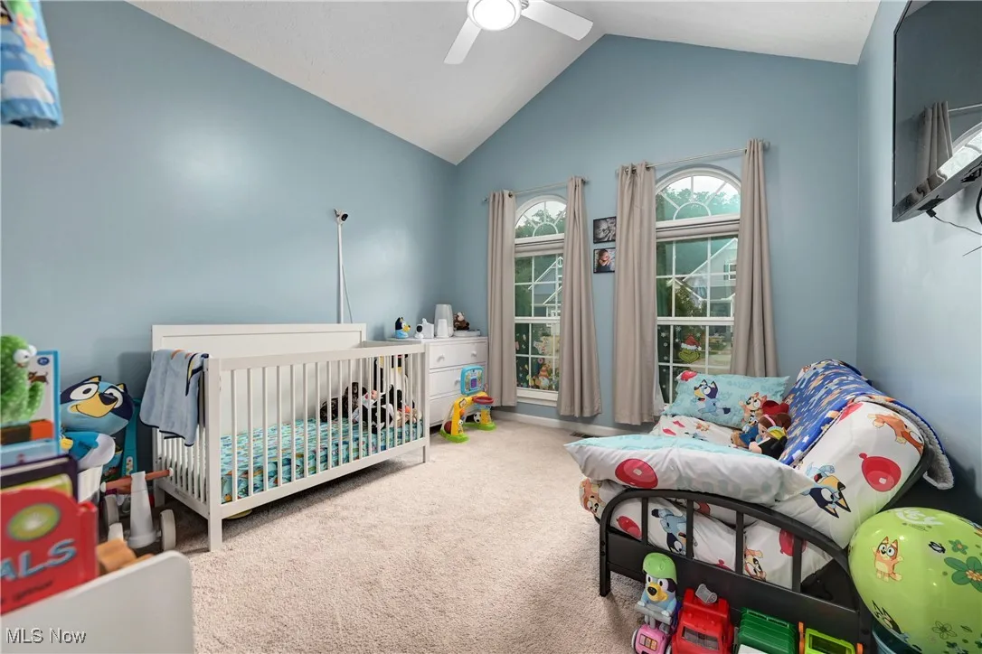 Carpeted bedroom with lofted ceiling, a crib, and ceiling fan