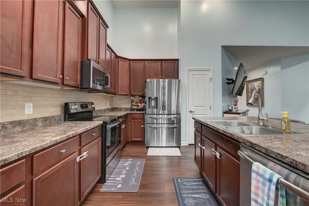 Kitchen with stainless steel appliances, dark wood-type flooring, a towering ceiling, tasteful backsplash, and dark countertops