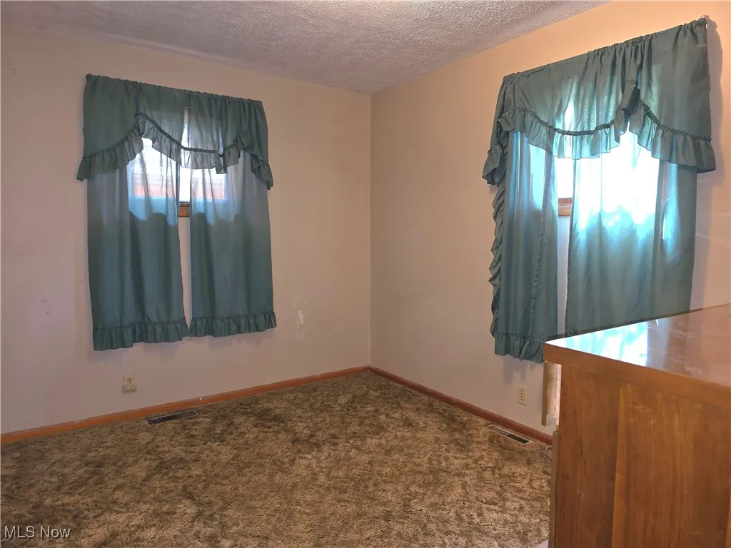 Empty bedroom with plenty of natural light, a textured ceiling, and carpet flooring