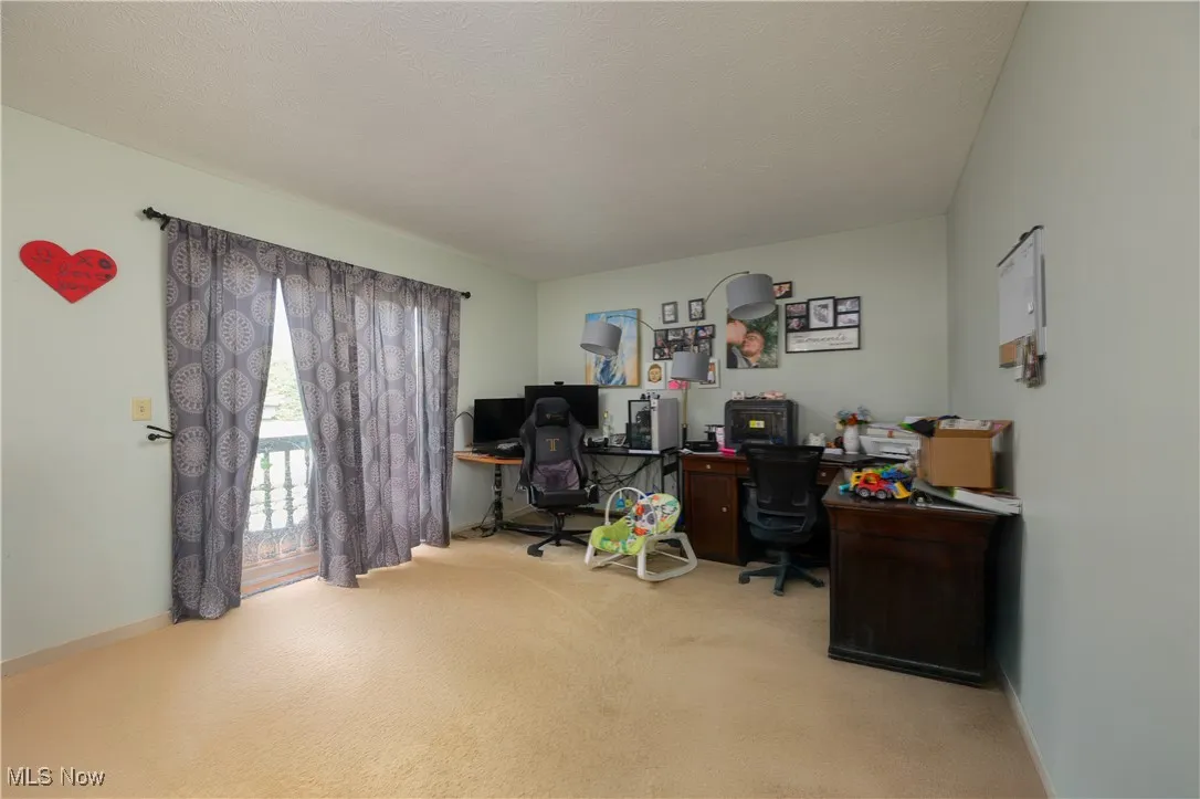 Office area with light colored carpet and baseboards
