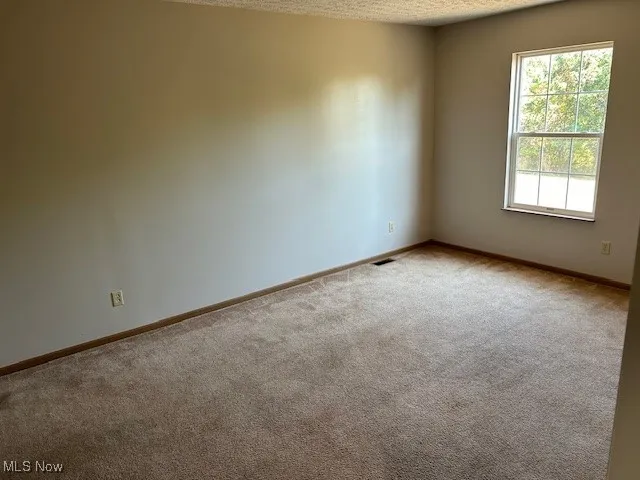 Carpeted empty room with a textured ceiling and baseboards