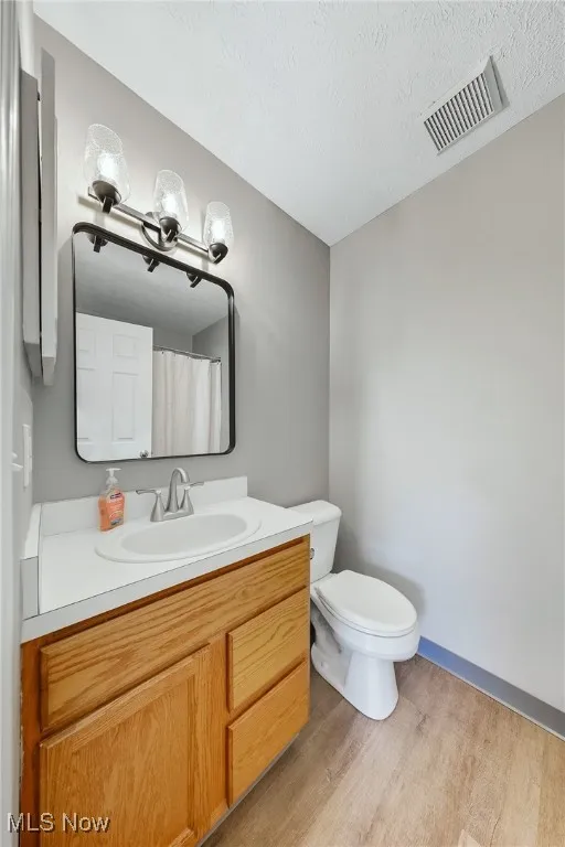 Bathroom with light wood finished floors, vanity, a textured ceiling, and a shower with curtain
