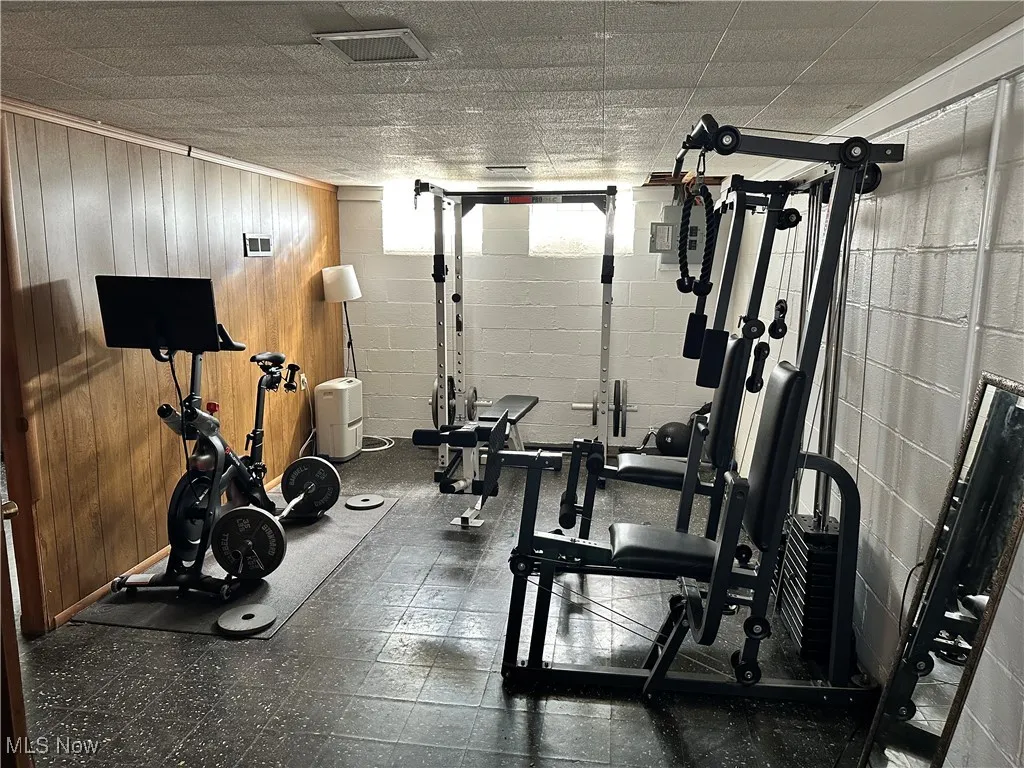 Exercise room featuring wooden walls and concrete block wall