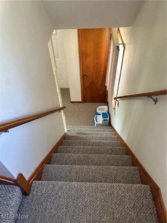 Staircase featuring carpet and baseboards