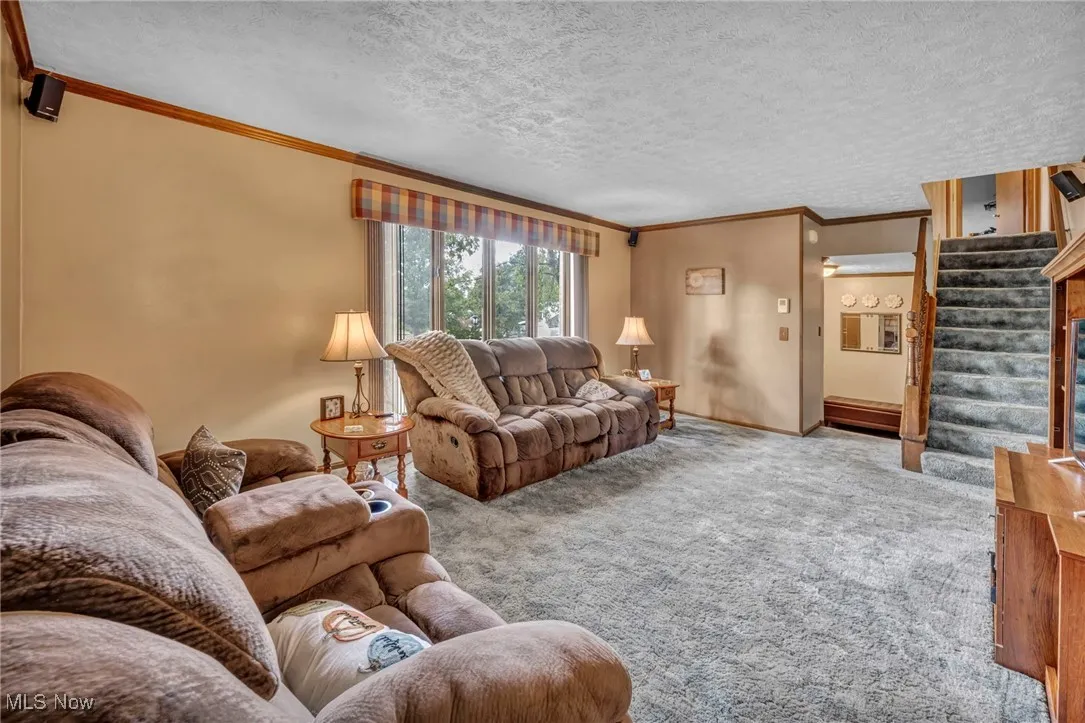Carpeted living room with crown molding, stairs, and a textured ceiling