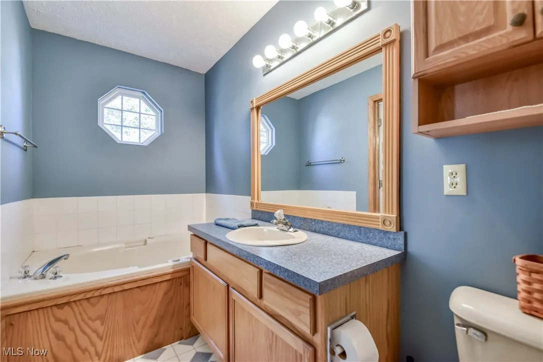 Full bathroom with a garden tub, vanity, and a textured ceiling