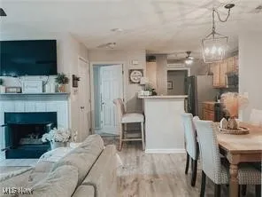 Dining area featuring light wood-style flooring, a fireplace, and a chandelier