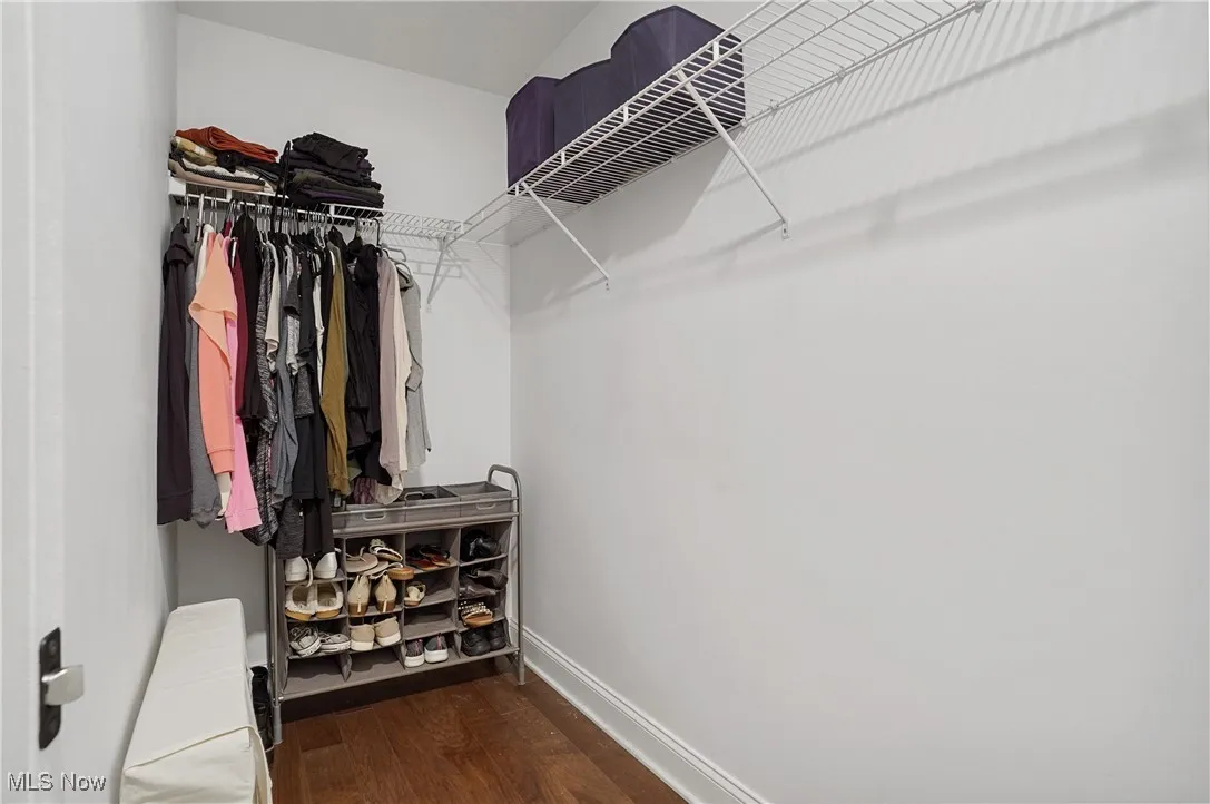 Walk in closet with dark wood finished floors and radiator