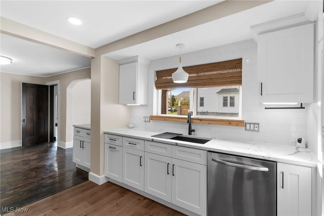 Kitchen featuring stainless steel dishwasher, white cabinets, tasteful backsplash, dark wood finished floors, and recessed lighting