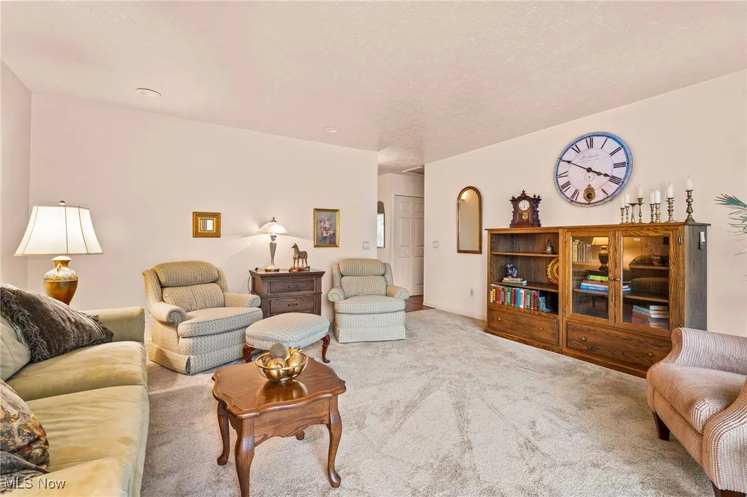 Carpeted living area featuring a textured ceiling