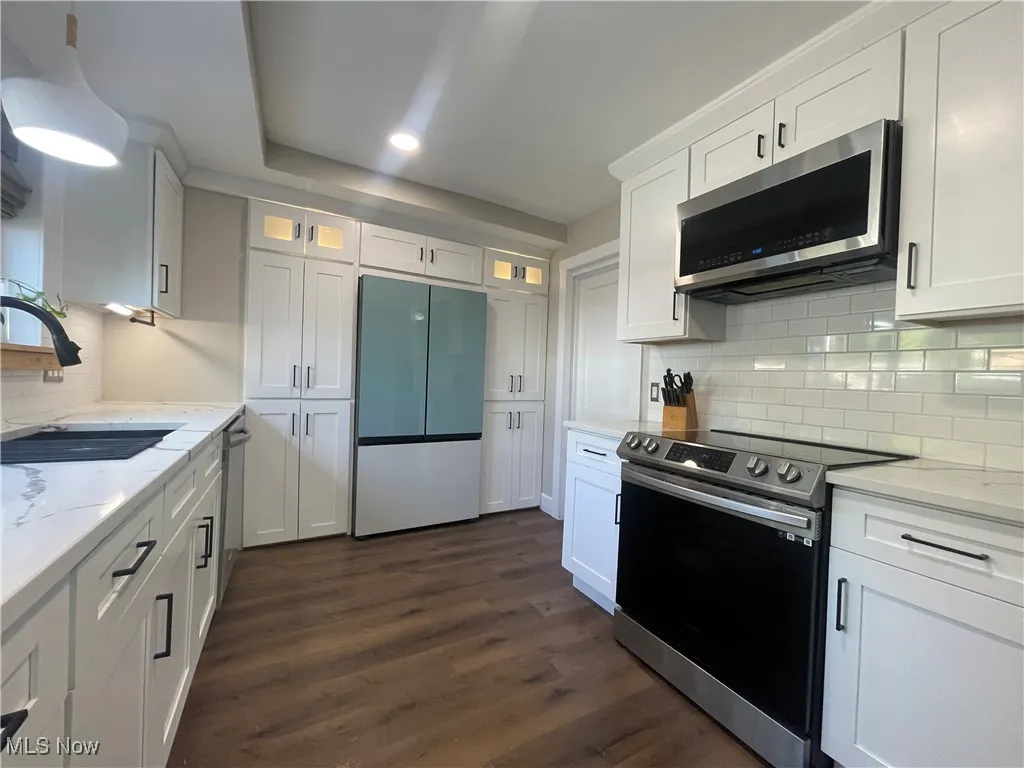 Kitchen with backsplash, appliances with stainless steel finishes, white cabinetry, dark wood-style floors, and light stone counters