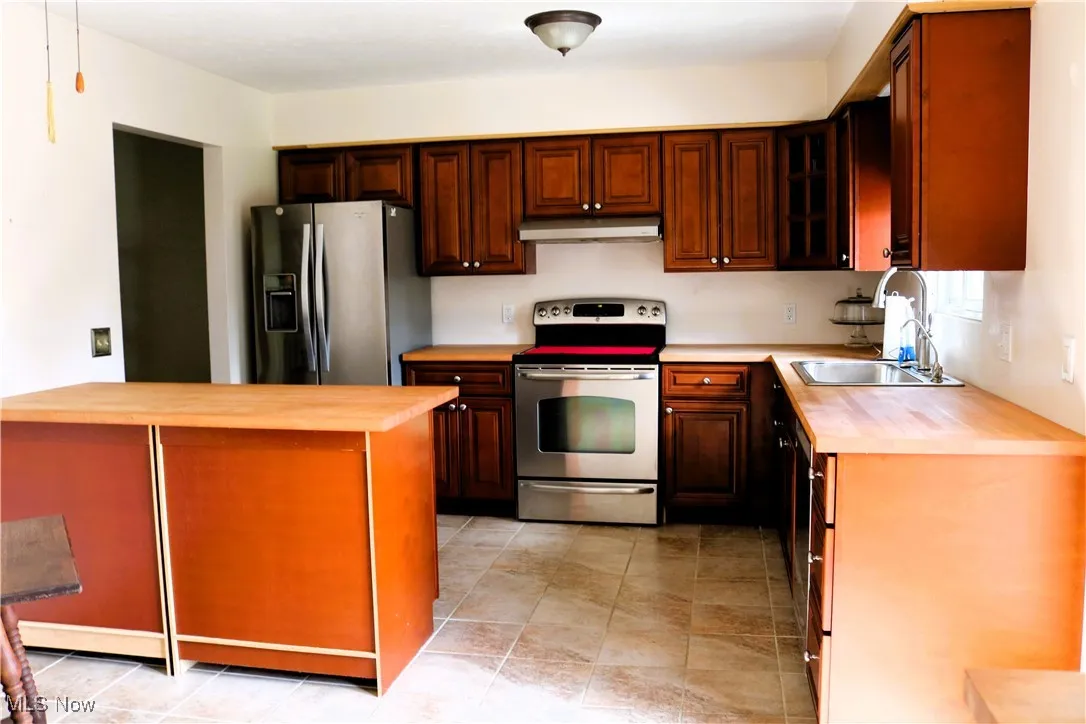 Kitchen with wooden counters, stainless steel appliances, glass insert cabinets, and under cabinet range hood