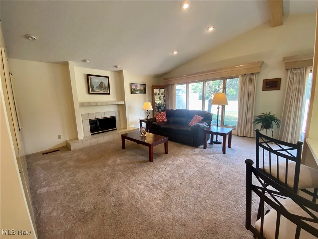 Living room with fireplace and vaulted ceiling