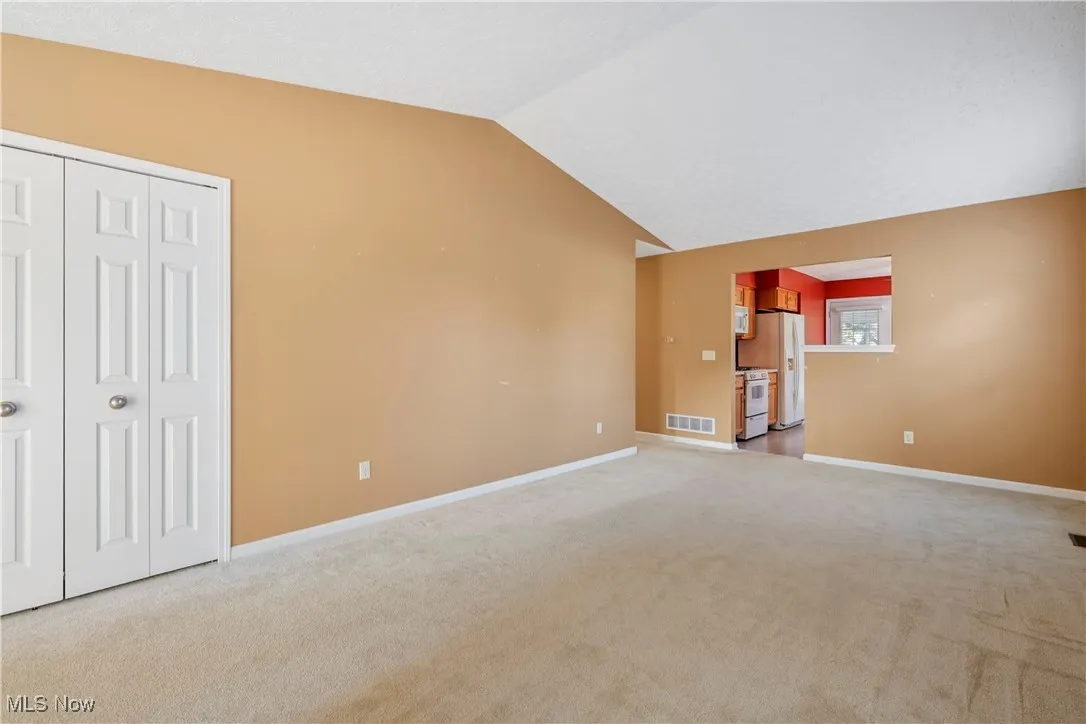  living room featuring light carpet and vaulted ceiling