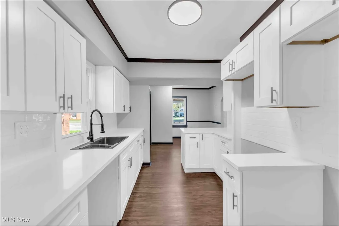 Kitchen featuring white cabinetry, dark wood-style flooring, light stone countertops, and ornamental molding