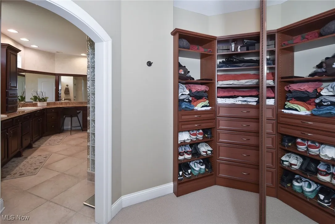 Walk in closet with arched walkways