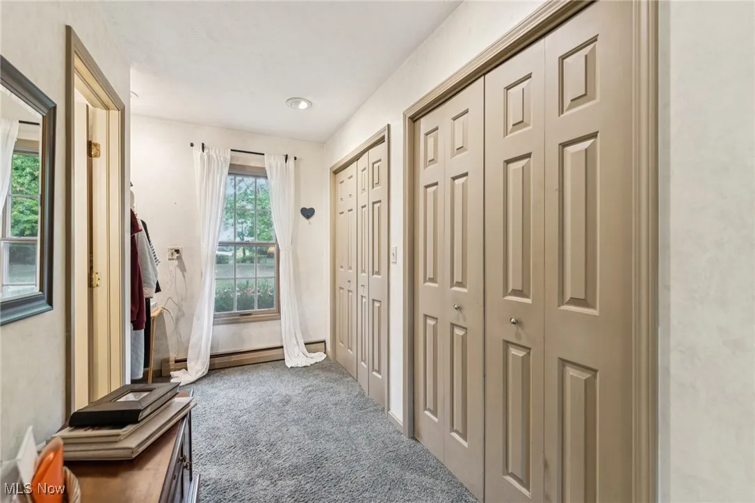 Hall featuring carpet floors and baseboard heating