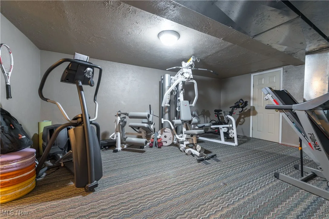 Exercise room featuring a textured ceiling and carpet flooring