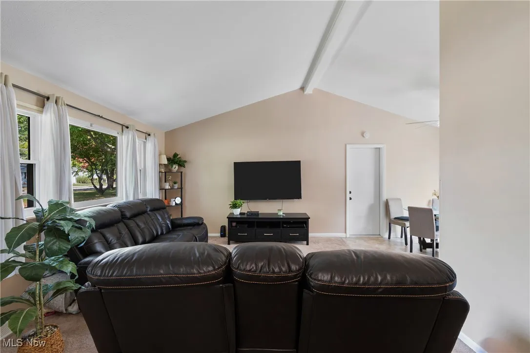 Living area with light carpet and baseboards