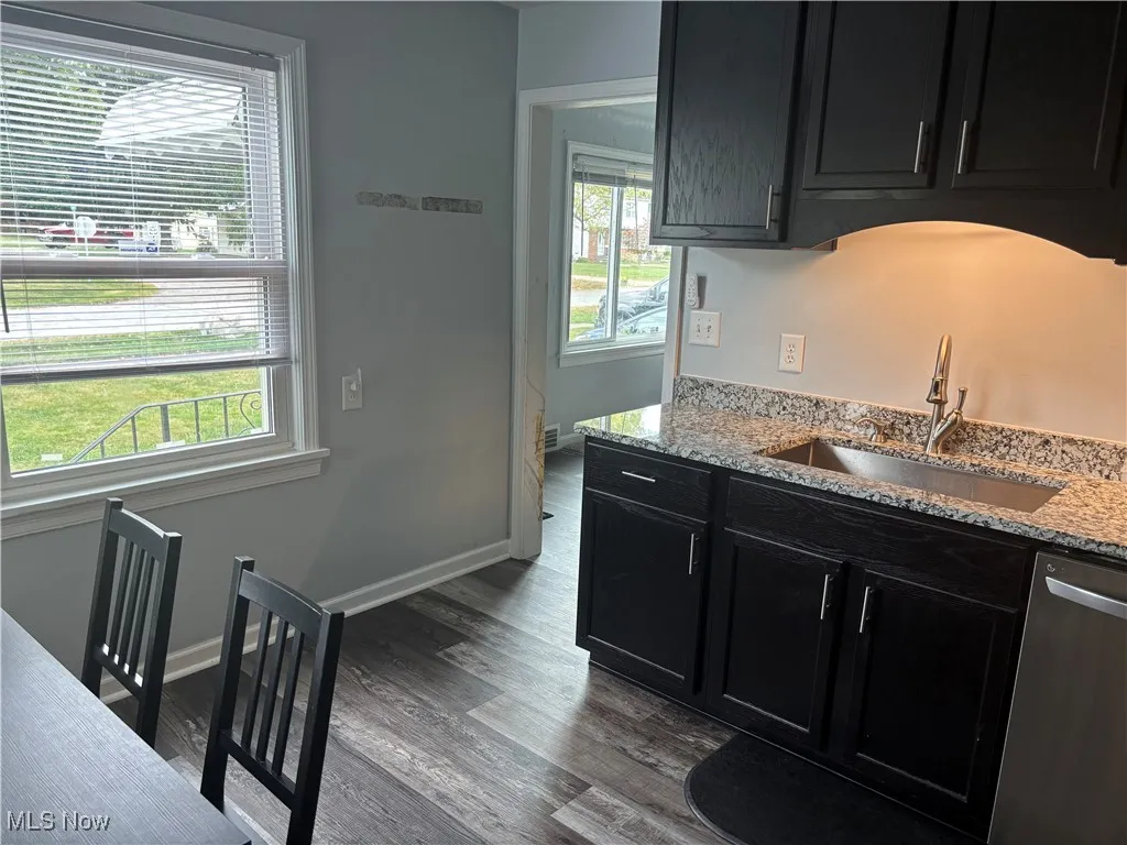 Kitchen featuring dark cabinetry, stainless steel dishwasher, light stone counters, and dark wood-type flooring