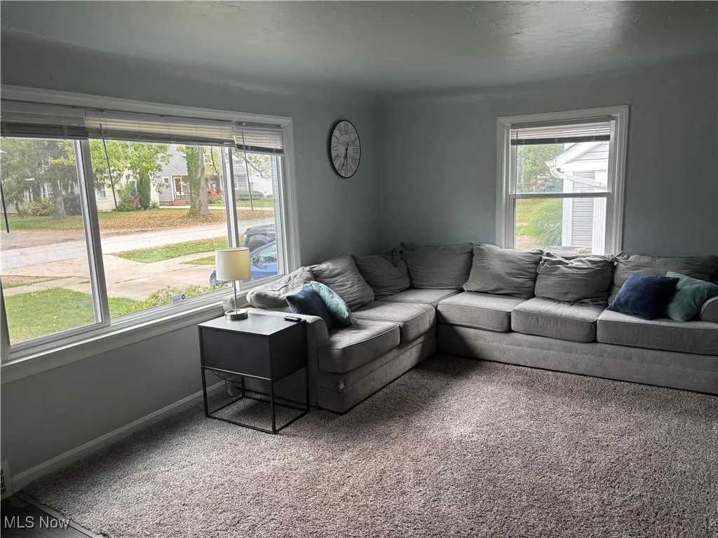 Carpeted living room with baseboards