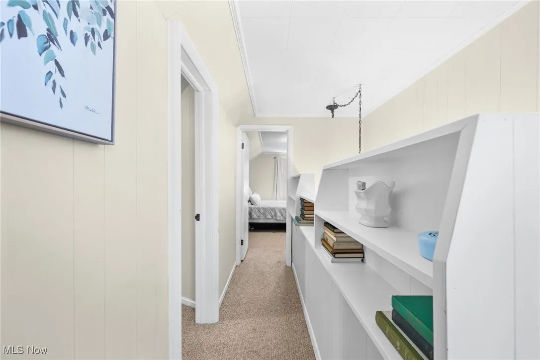Hall featuring light colored carpet and crown molding