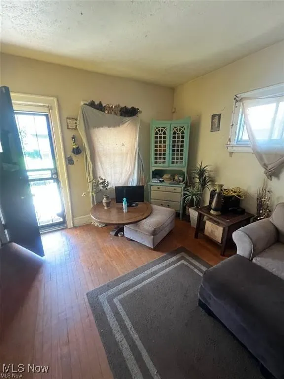 Living room with hardwood / wood-style floors and a textured ceiling