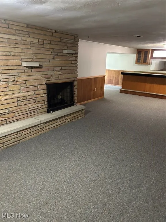 Unfurnished living room with a wainscoted wall, a fireplace, carpet, wood walls, and a textured ceiling
