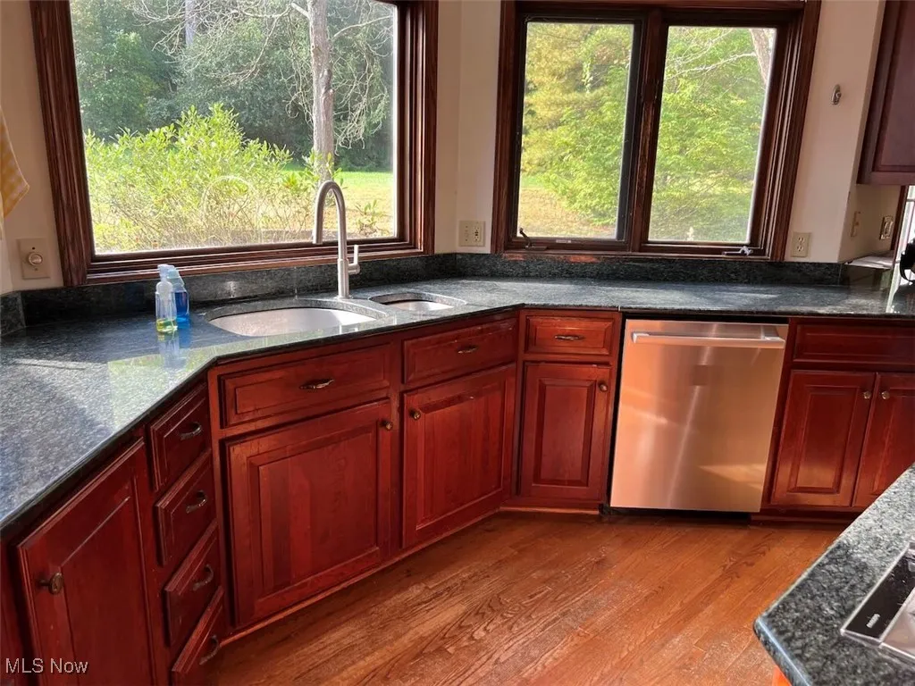 Kitchen featuring dark stone countertops, stainless steel dishwasher, wood finished floors, and reddish brown cabinets