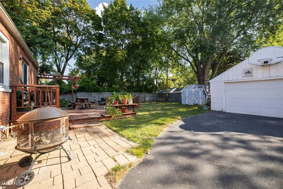 Fenced backyard with a wooden deck, a shed, and a patio