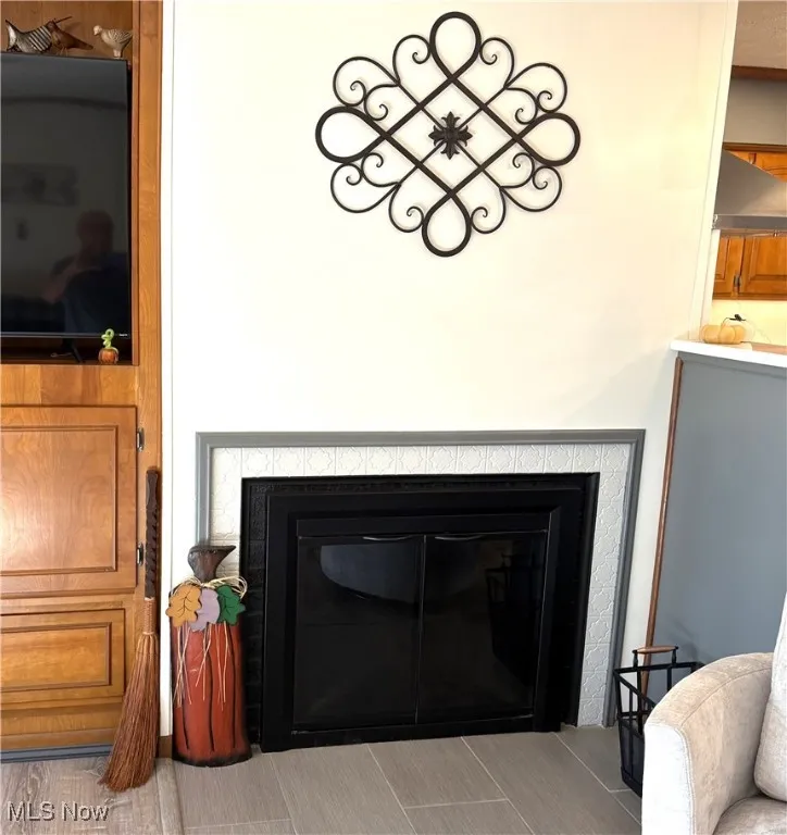 Woodburning fireplace with glass doors