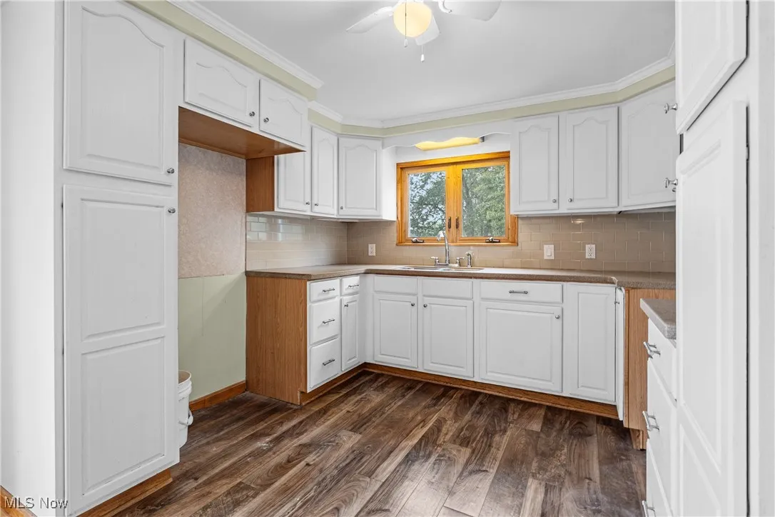Kitchen featuring dark wood-style floors, white cabinetry, tasteful backsplash, crown molding, and a ceiling fan