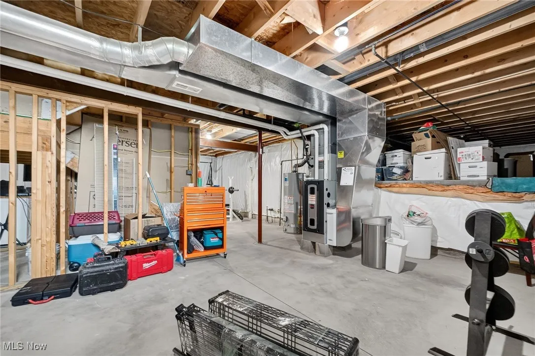 Unfinished below grade area with gas water heater and heating unit