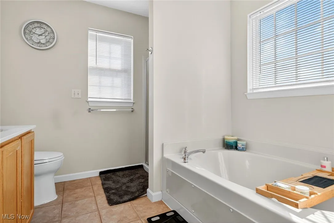 Bathroom with vanity, a garden tub, light tile patterned flooring, and a shower stall