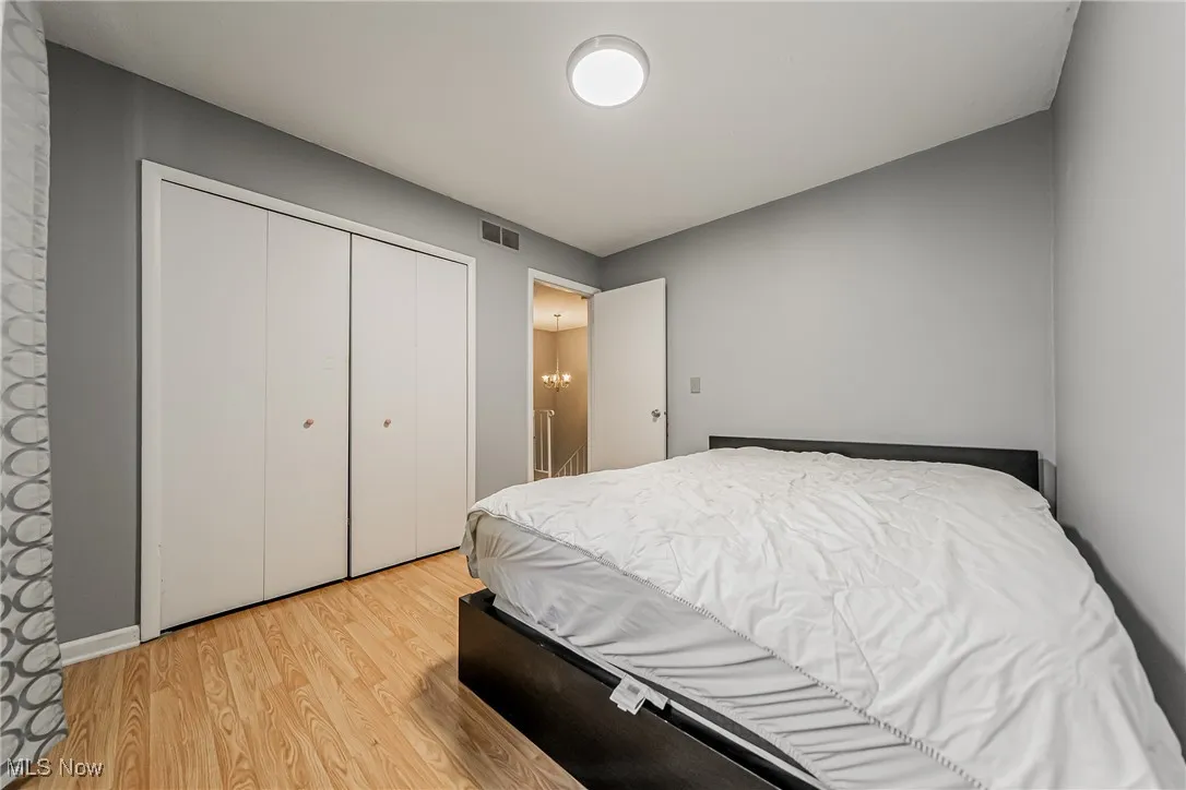 Bedroom featuring light wood-style flooring and a closet
