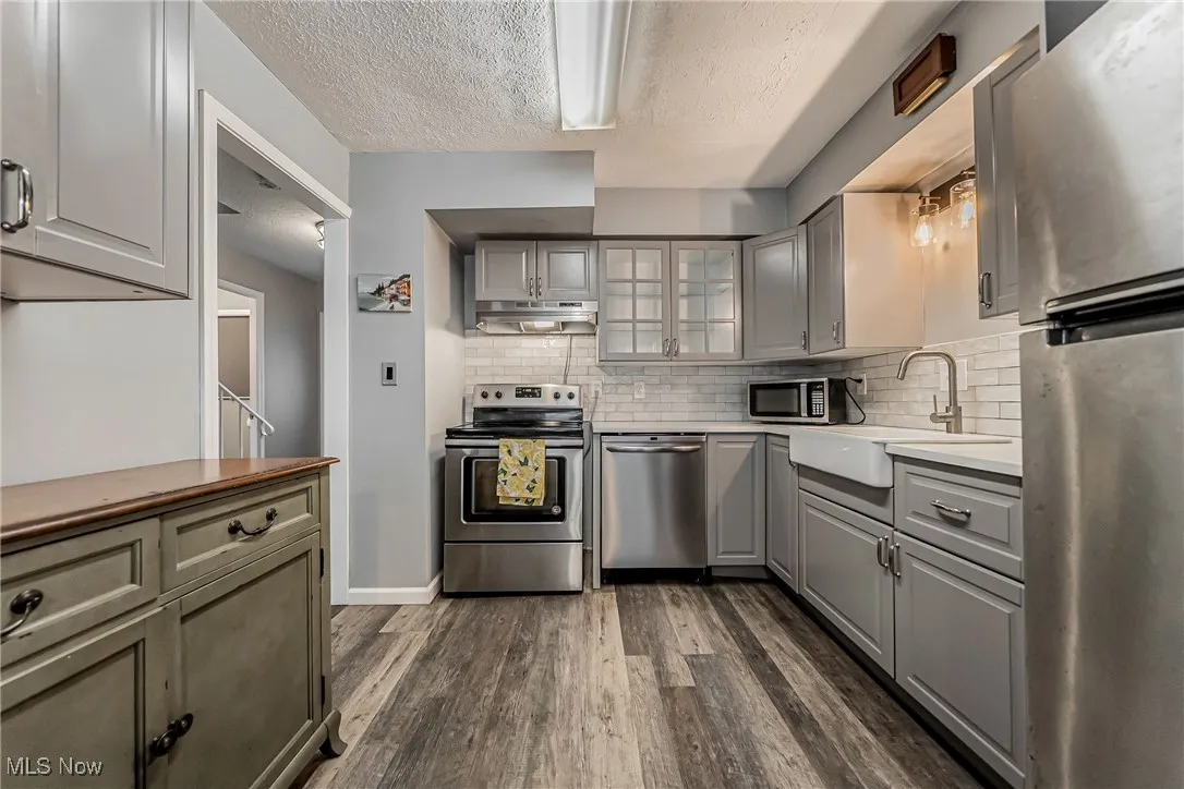 Kitchen with gray cabinetry, stainless steel appliances, dark wood-style floors, decorative backsplash, and a textured ceiling
