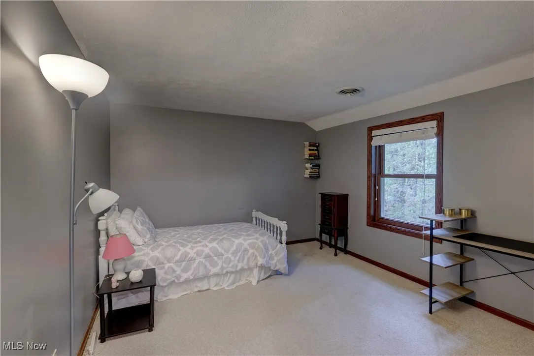 Bedroom with carpet and lofted ceiling