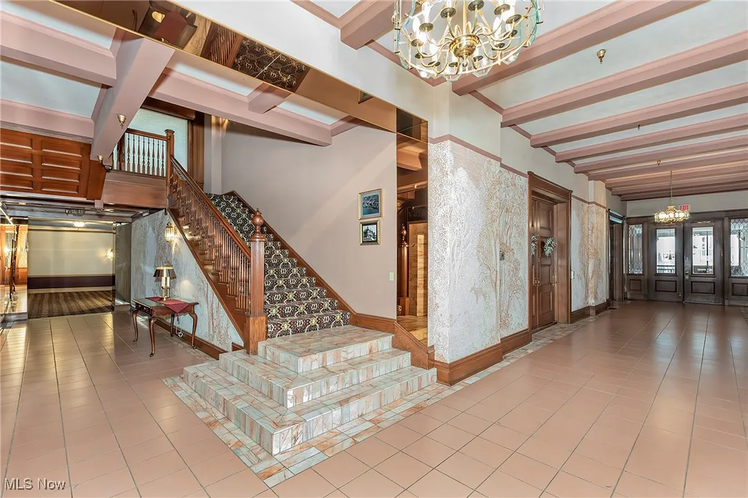 The grand lobby area of the historic Cashelmara Mansion lobby