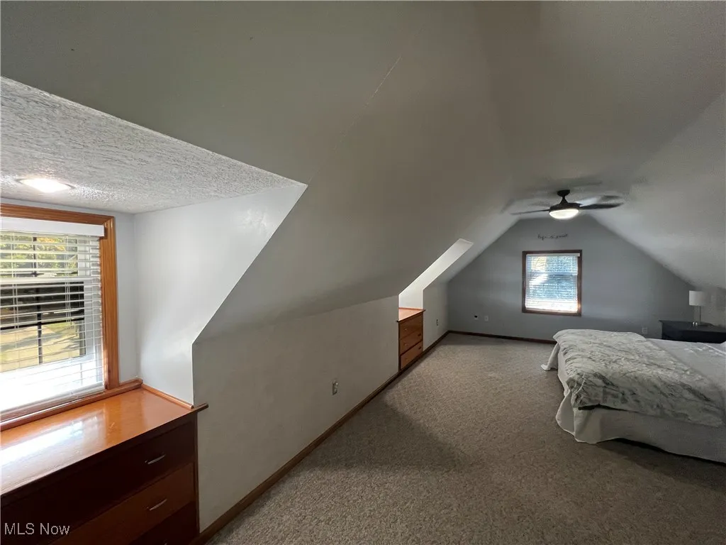 Carpeted bedroom featuring lofted ceiling and a ceiling fan