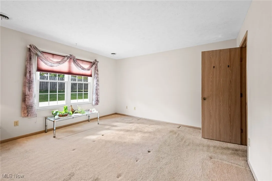Carpeted primary room with baseboards and a textured ceiling