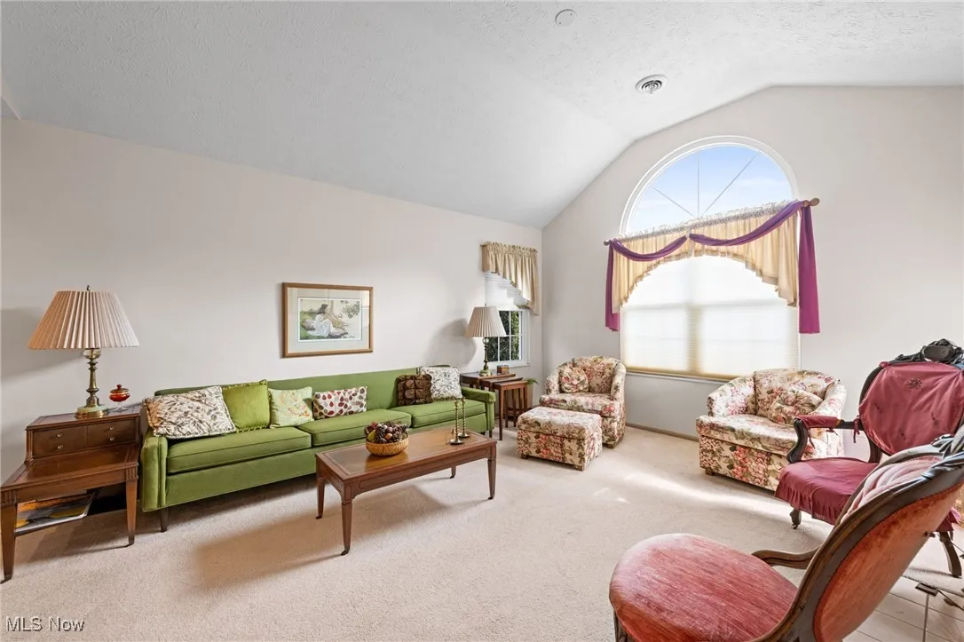 Carpeted living area featuring lofted ceiling and carpet floor