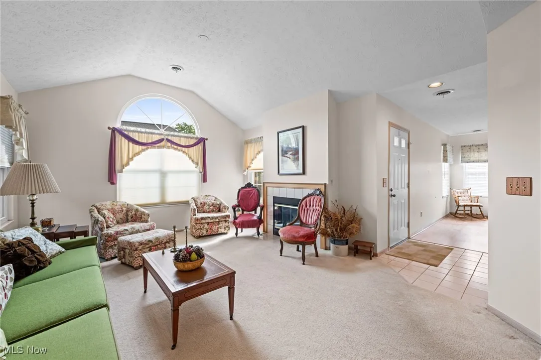 Carpeted living room featuring lofted ceiling, a textured ceiling, healthy amount of natural light, and a fireplace
