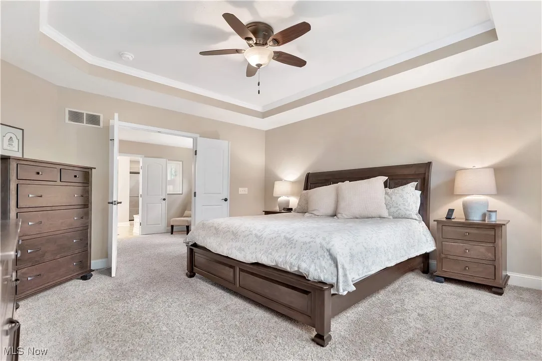 Beautiful primary suite with tray ceiling and fan