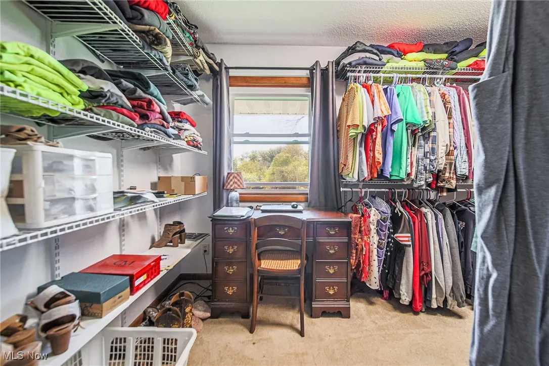 Spacious closet off primary bedroom featuring light colored carpet