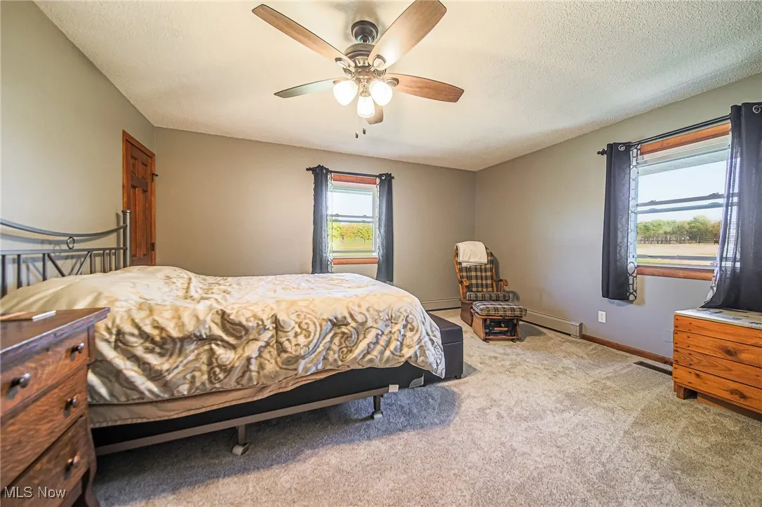 Bedroom featuring carpet flooring, a ceiling fan, a baseboard radiator, and a textured ceiling
